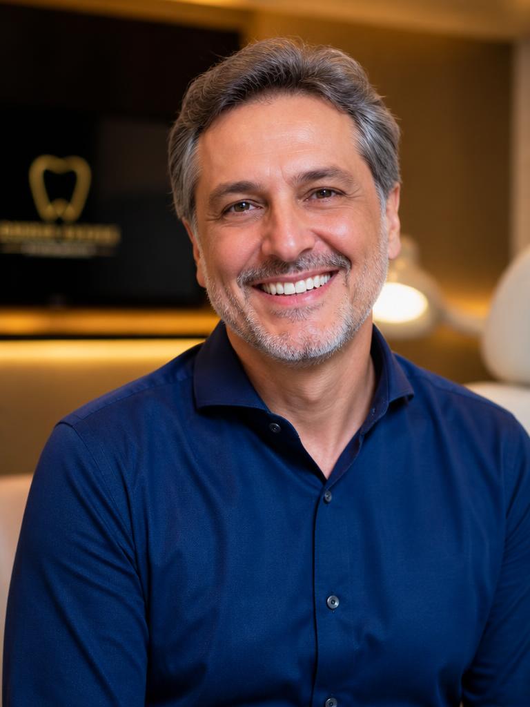 Paciente sorrindo após tratamento de implante dentário