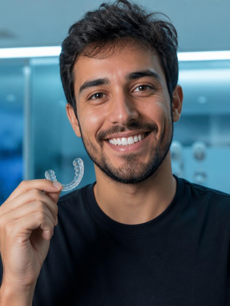 Paciente segurando alinhador transparente